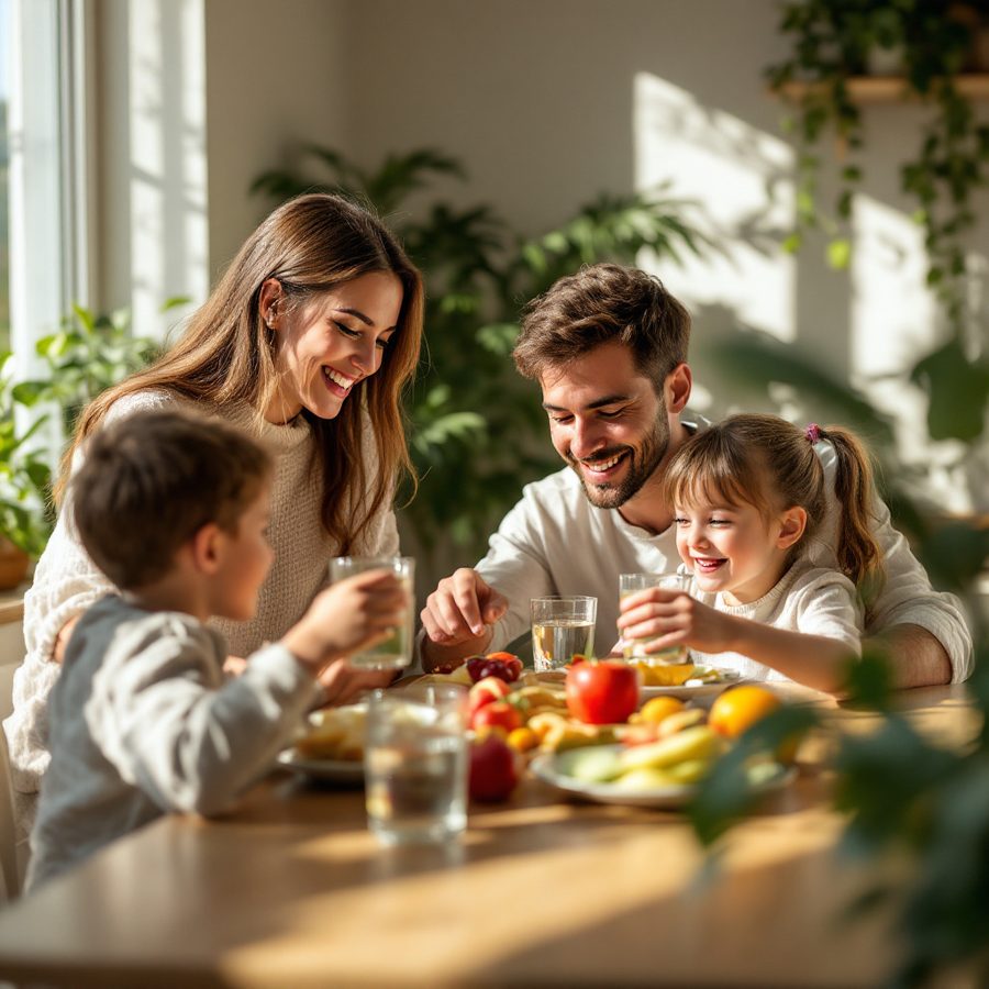 Happy family sharing a healthy breakfast at the kitchen table