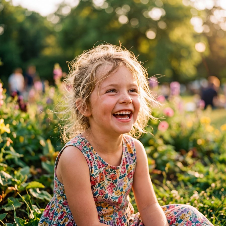 Laughing young girl in a floral dress sitting in a summer garden