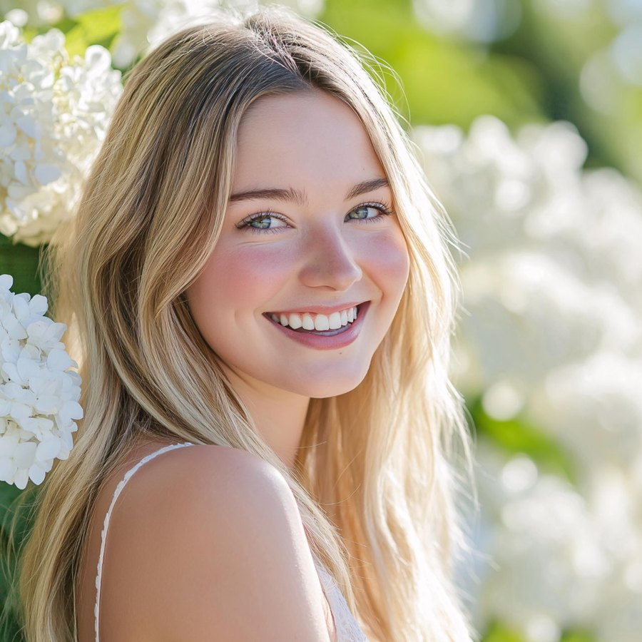 Smiling woman with long blonde hair beside white hydrangeas
